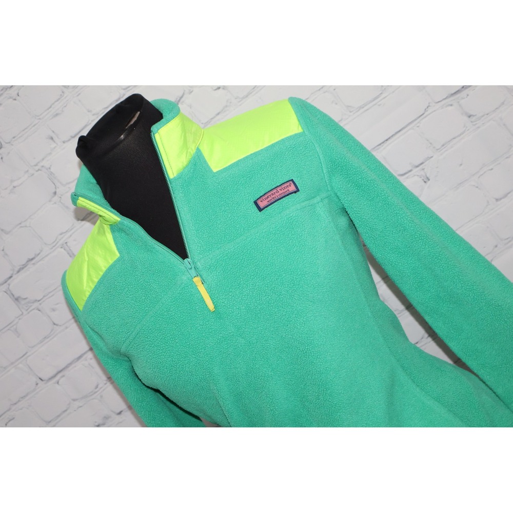 Vineyard Vines Fleece Pullover Sweater Women XXS Green Neon 1/4 Zip Colorblock *